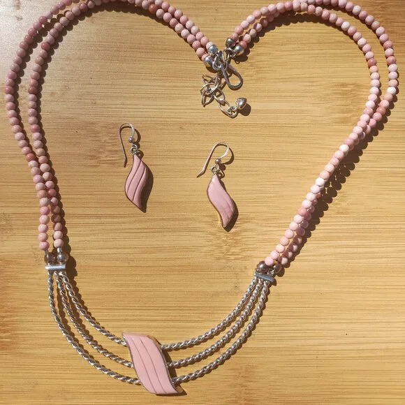 Jay King DTR mine finds carved Wave Pink Opal Necklace Earrings set 925 rare - Picture 3 of 11